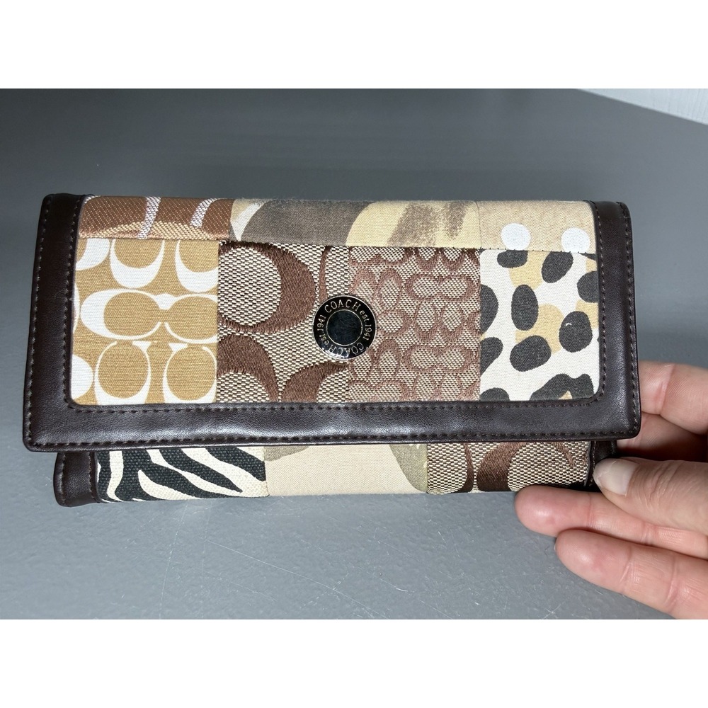 Vintage Y2K Coach Multi Texture Patchwork Long Trifold Checkbook ID Wallet Brown